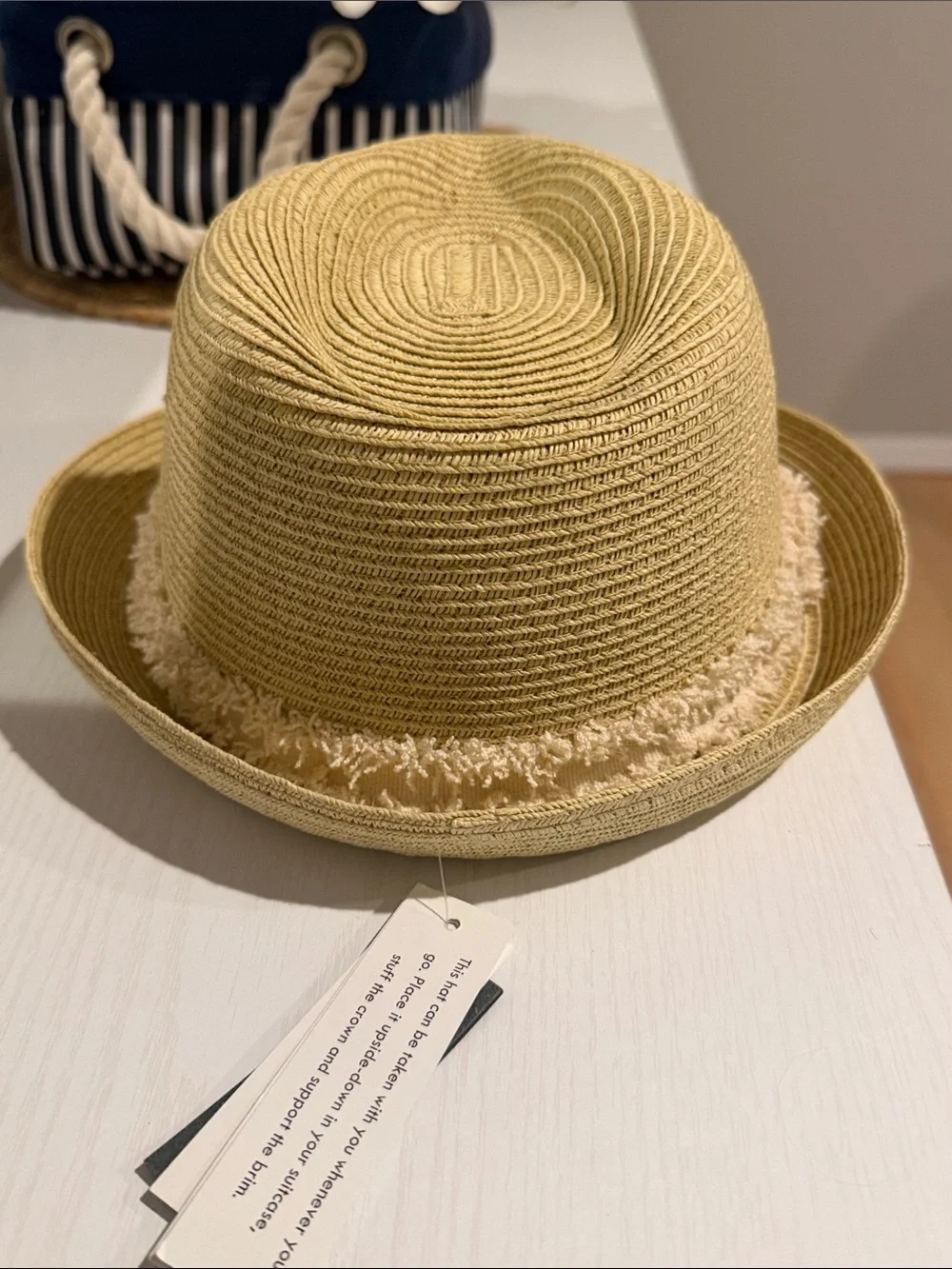 Straw Fedora Hat with Frayed Band - Beige